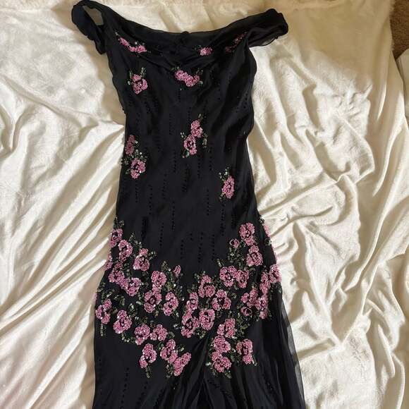 Cartise Couture Dresses & Skirts - Cartise Couture Black Silk Beaded Floral Embroidered Off-Shoulder Maxi Dress